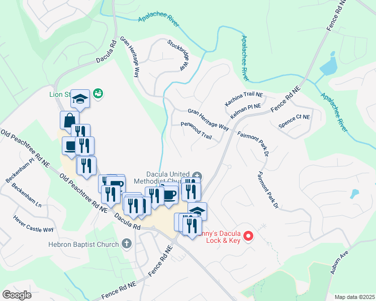 map of restaurants, bars, coffee shops, grocery stores, and more near 2520 Legend Mill Run in Dacula