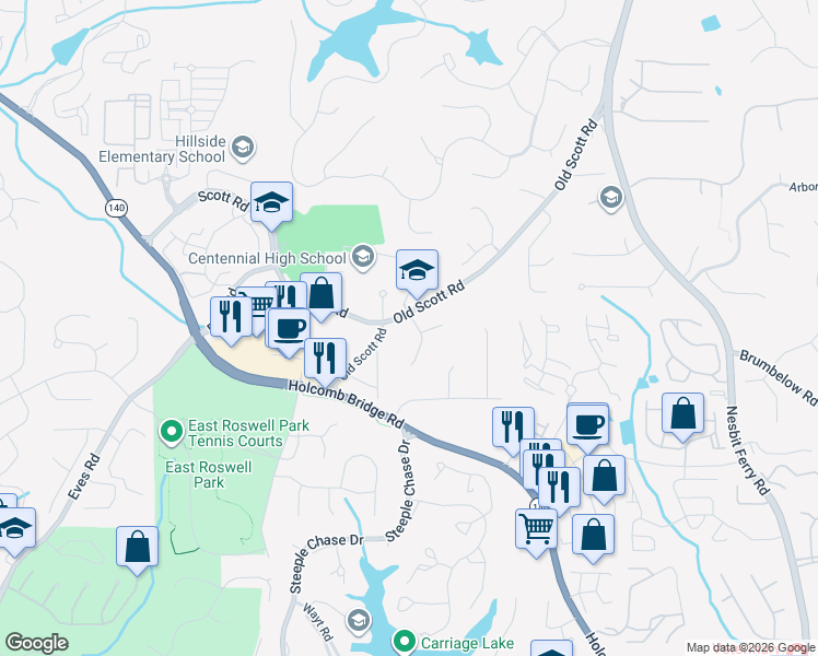 map of restaurants, bars, coffee shops, grocery stores, and more near 435 Musket Entry in Roswell