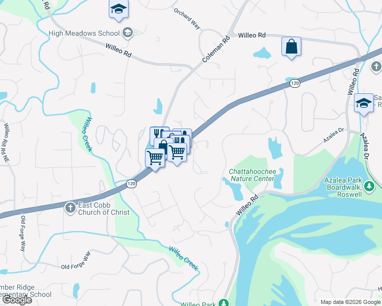 map of restaurants, bars, coffee shops, grocery stores, and more near 2018 Merrimont Way in Roswell