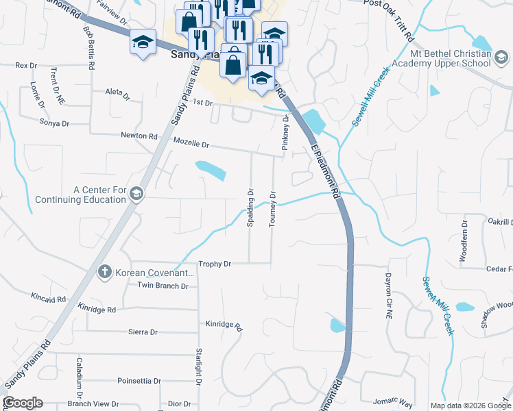 map of restaurants, bars, coffee shops, grocery stores, and more near 2180 Spalding Drive in Marietta