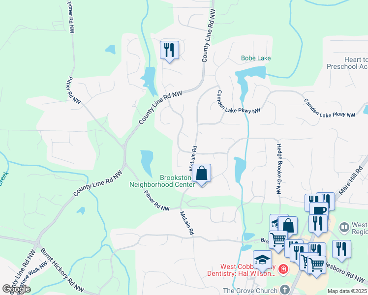 map of restaurants, bars, coffee shops, grocery stores, and more near 5610 Hollowbrooke Lane Northwest in Acworth