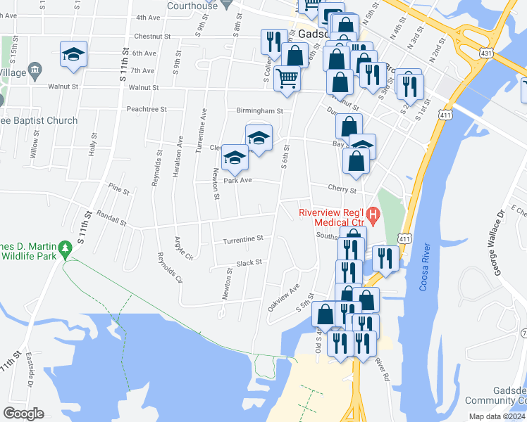 map of restaurants, bars, coffee shops, grocery stores, and more near 606 Randall Street in Gadsden