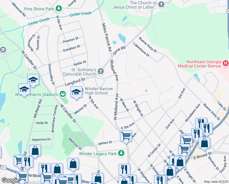 map of restaurants, bars, coffee shops, grocery stores, and more near 246 West Midland Avenue in Winder