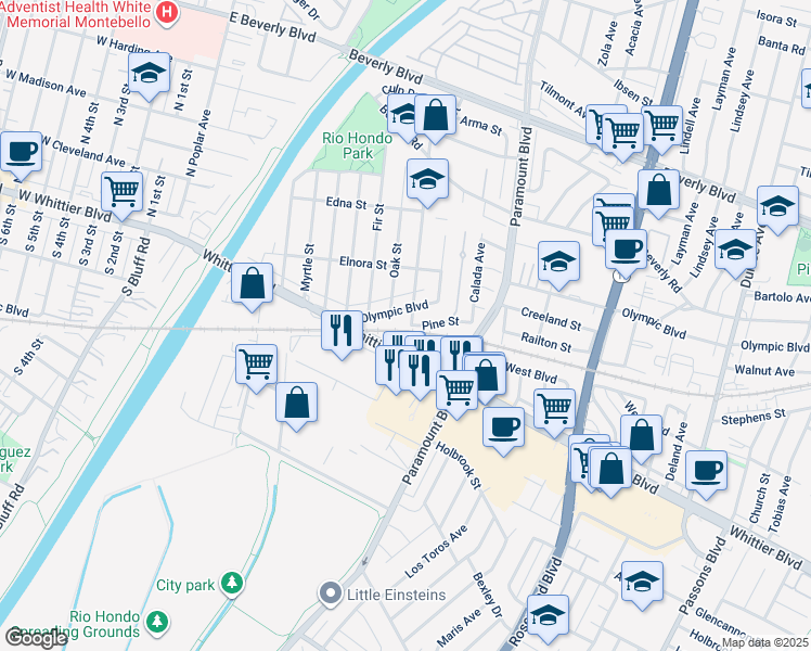 map of restaurants, bars, coffee shops, grocery stores, and more near 4865 Pine Street in Pico Rivera