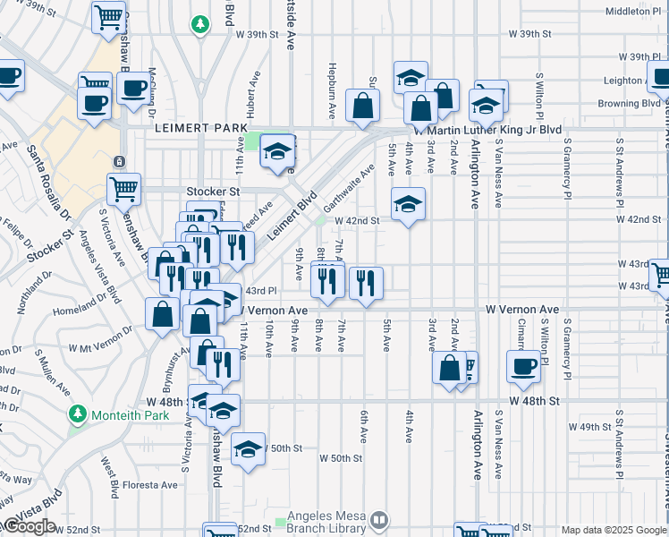 map of restaurants, bars, coffee shops, grocery stores, and more near 4318 7th Avenue in Los Angeles