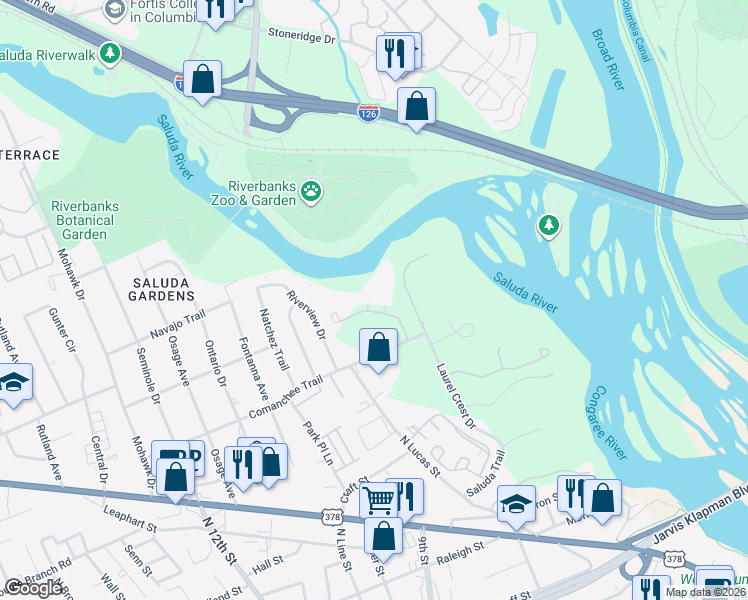map of restaurants, bars, coffee shops, grocery stores, and more near 112 Edgewater Lane in West Columbia