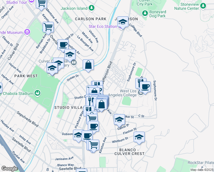 map of restaurants, bars, coffee shops, grocery stores, and more near 9108 Summertime Lane in Culver City