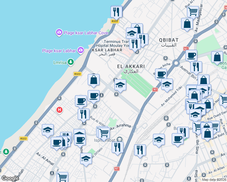 map of restaurants, bars, coffee shops, grocery stores, and more near Avenue Al Houria in Rabat