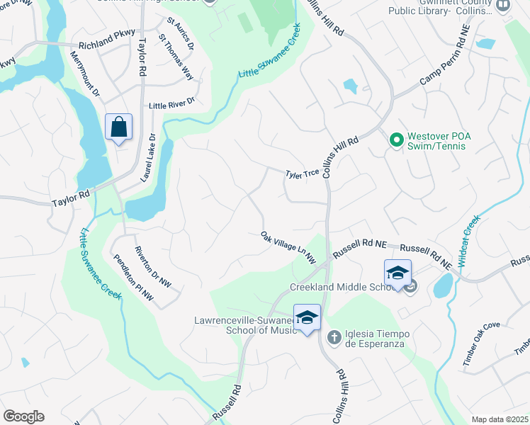 map of restaurants, bars, coffee shops, grocery stores, and more near 1881 Oak Village Lane Northwest in Lawrenceville