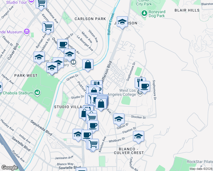 map of restaurants, bars, coffee shops, grocery stores, and more near 8210 Summertime Lane in Culver City