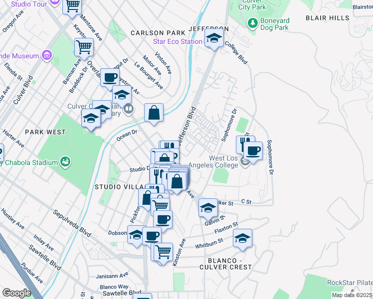 map of restaurants, bars, coffee shops, grocery stores, and more near 9206 Summertime Lane in Culver City