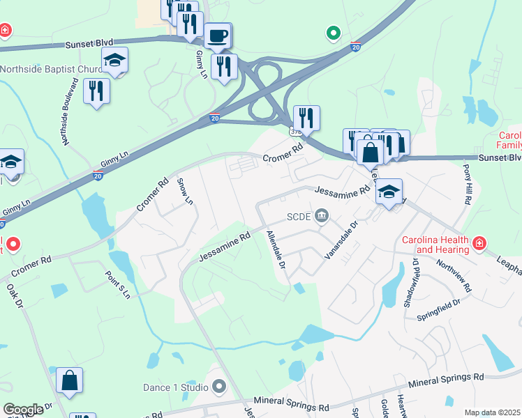 map of restaurants, bars, coffee shops, grocery stores, and more near 1042 Orangeburg Drive in West Columbia