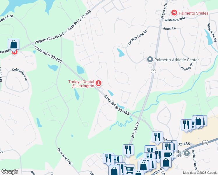 map of restaurants, bars, coffee shops, grocery stores, and more near 446 Old Cherokee Road in Lexington