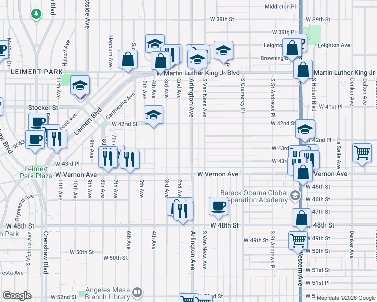 map of restaurants, bars, coffee shops, grocery stores, and more near 4301 Arlington Avenue in Los Angeles
