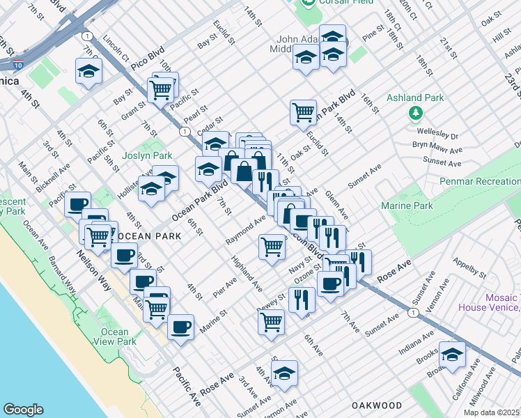 map of restaurants, bars, coffee shops, grocery stores, and more near 745 Raymond Avenue in Santa Monica