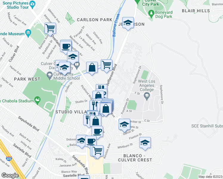 map of restaurants, bars, coffee shops, grocery stores, and more near 12310 Summertime Lane in Culver City