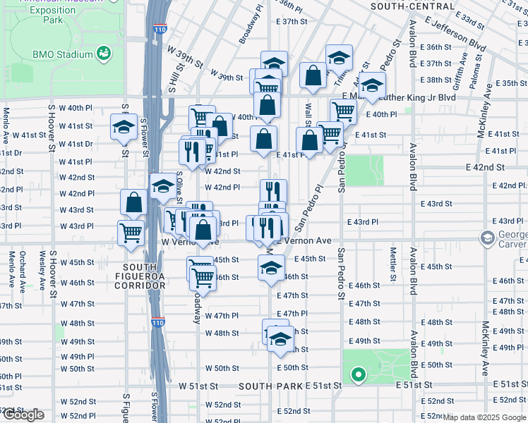 map of restaurants, bars, coffee shops, grocery stores, and more near 143 West 43rd Place in Los Angeles