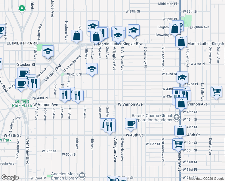 map of restaurants, bars, coffee shops, grocery stores, and more near 4301 Arlington Avenue in Los Angeles