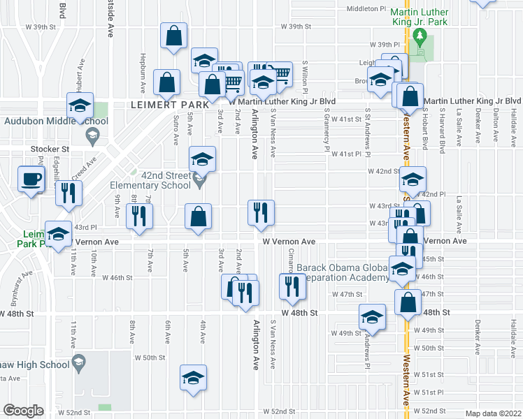 map of restaurants, bars, coffee shops, grocery stores, and more near 2200 West 43rd Street in Los Angeles