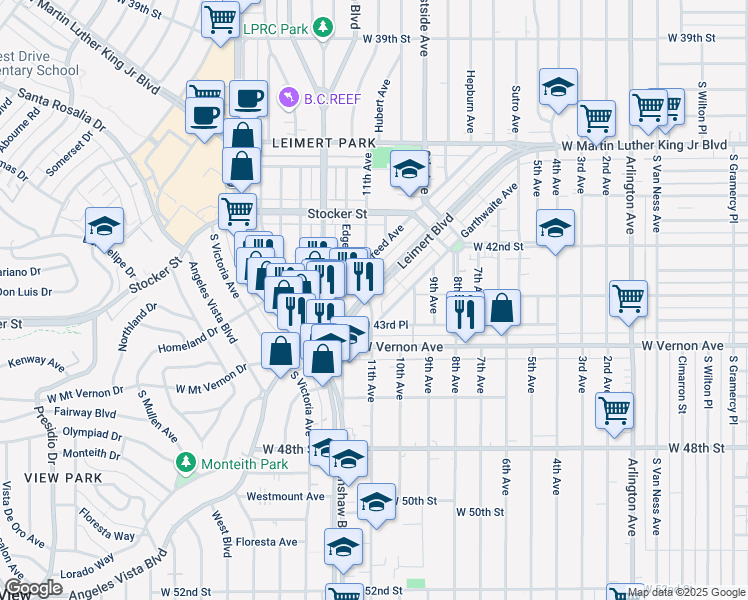 map of restaurants, bars, coffee shops, grocery stores, and more near 4350 11th Avenue in Los Angeles