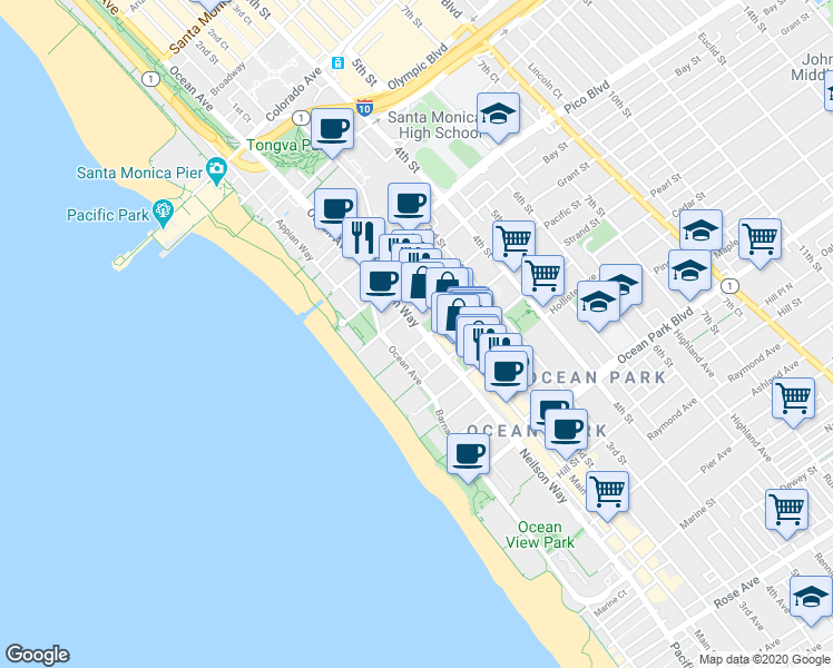map of restaurants, bars, coffee shops, grocery stores, and more near 125 Pacific Street in Santa Monica