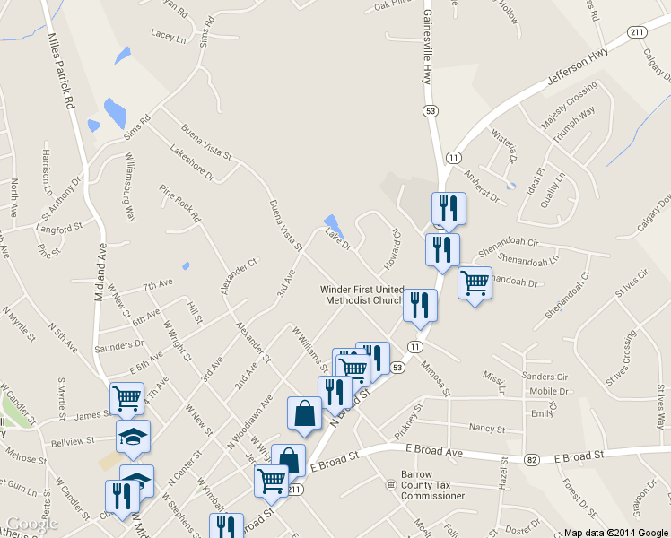 map of restaurants, bars, coffee shops, grocery stores, and more near 77 Buena Vista St in Winder