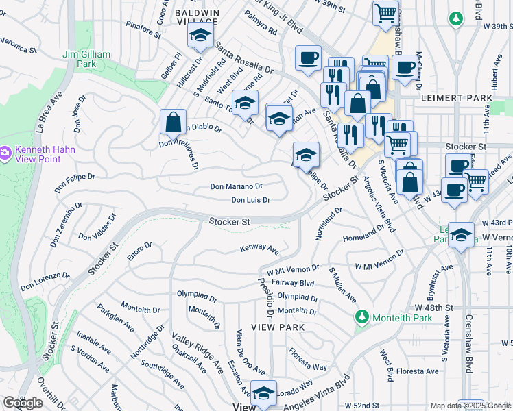 map of restaurants, bars, coffee shops, grocery stores, and more near 4192 Don Luis Drive in Los Angeles