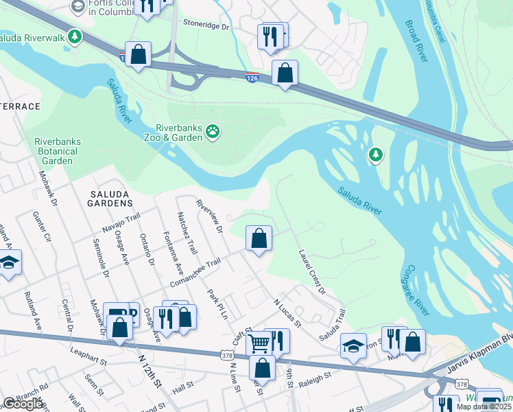 map of restaurants, bars, coffee shops, grocery stores, and more near 236 Edgewater Lane in West Columbia