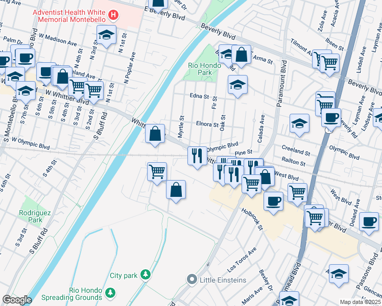 map of restaurants, bars, coffee shops, grocery stores, and more near 8332 Whittier Boulevard in Pico Rivera