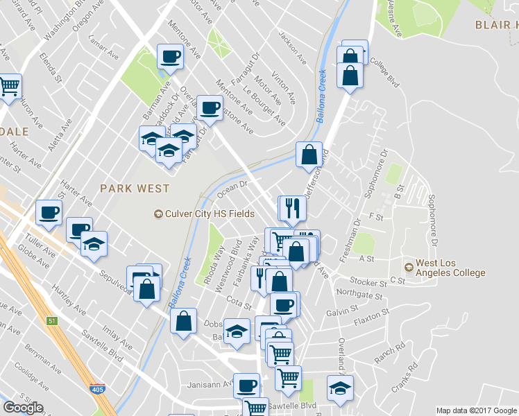 map of restaurants, bars, coffee shops, grocery stores, and more near 5116 Pickford Way in Culver City