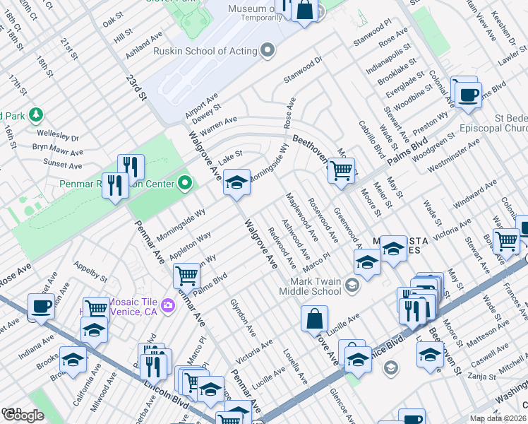 map of restaurants, bars, coffee shops, grocery stores, and more near 3444 Redwood Avenue in Los Angeles