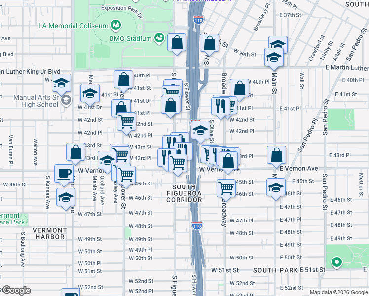 map of restaurants, bars, coffee shops, grocery stores, and more near 4305 South Flower Street in Los Angeles