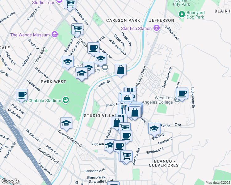 map of restaurants, bars, coffee shops, grocery stores, and more near 5136 Pickford Way in Culver City