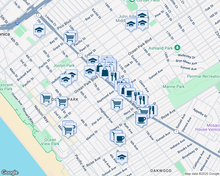 map of restaurants, bars, coffee shops, grocery stores, and more near 745 Raymond Avenue in Santa Monica