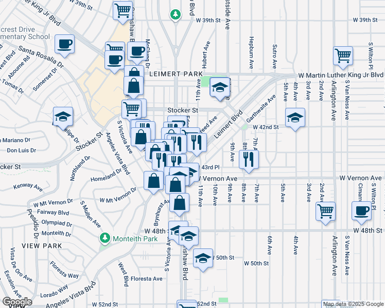 map of restaurants, bars, coffee shops, grocery stores, and more near 4323 Leimert Boulevard in Los Angeles