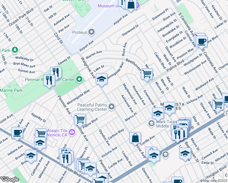 map of restaurants, bars, coffee shops, grocery stores, and more near 3444 Redwood Avenue in Los Angeles