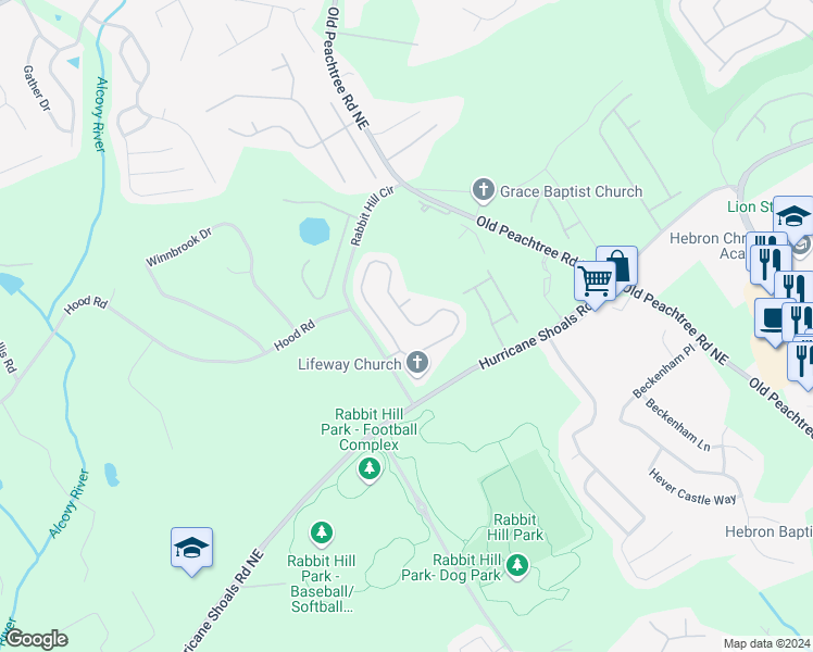 map of restaurants, bars, coffee shops, grocery stores, and more near 2317 Peach Shoals Circle in Dacula