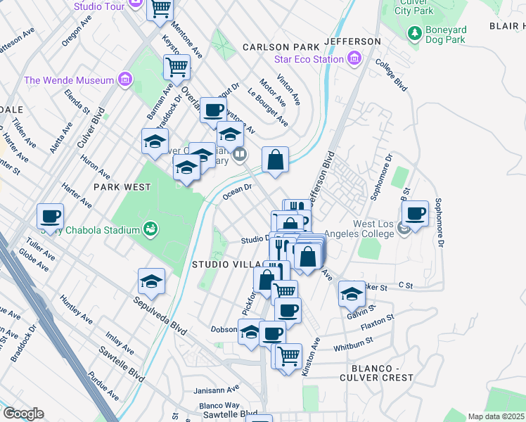 map of restaurants, bars, coffee shops, grocery stores, and more near 5116 Pickford Way in Culver City