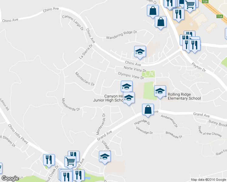 map of restaurants, bars, coffee shops, grocery stores, and more near 2412 Madrugada Drive in Chino Hills