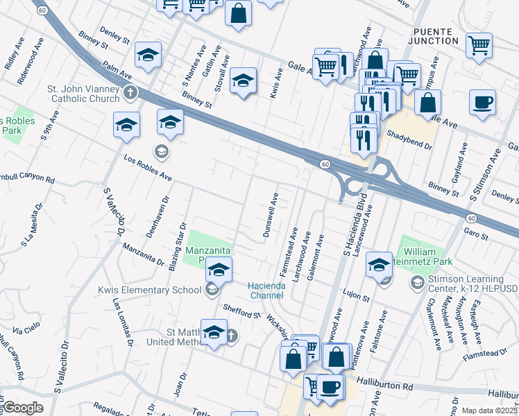 map of restaurants, bars, coffee shops, grocery stores, and more near 1517 Dunswell Avenue in Hacienda Heights