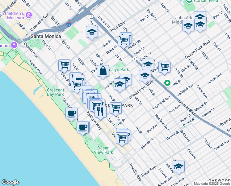 map of restaurants, bars, coffee shops, grocery stores, and more near 2434 5th Street in Santa Monica