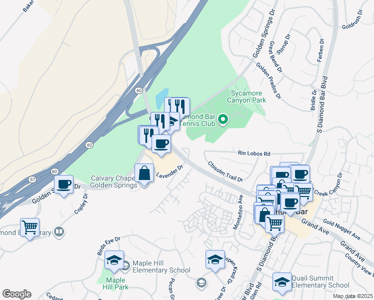 map of restaurants, bars, coffee shops, grocery stores, and more near 800 Grand Avenue in Diamond Bar