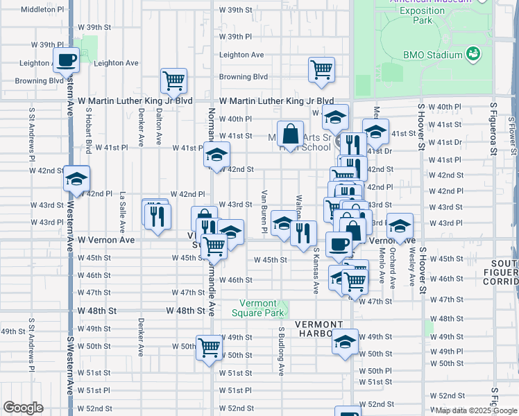 map of restaurants, bars, coffee shops, grocery stores, and more near 4317 Van Buren Place in Los Angeles