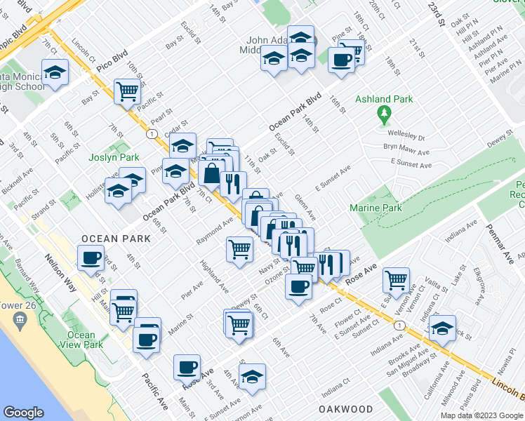 map of restaurants, bars, coffee shops, grocery stores, and more near 836 Ashland Avenue in Santa Monica