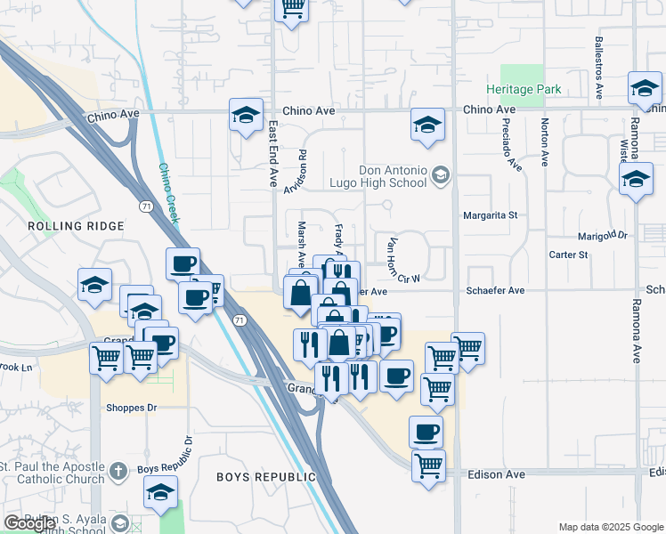 map of restaurants, bars, coffee shops, grocery stores, and more near 13658 Frady Avenue in Chino