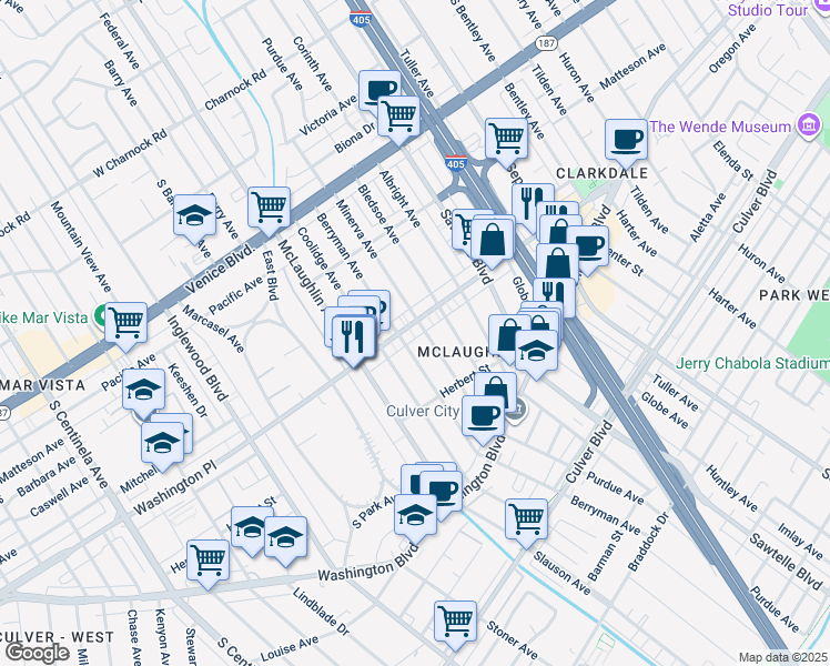map of restaurants, bars, coffee shops, grocery stores, and more near 4025 Minerva Avenue in Los Angeles