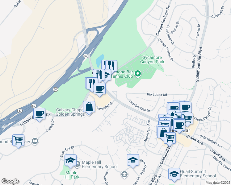 map of restaurants, bars, coffee shops, grocery stores, and more near 800 Grand Avenue in Diamond Bar
