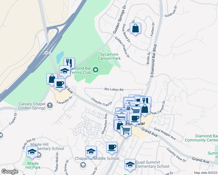 map of restaurants, bars, coffee shops, grocery stores, and more near 22921 Rio Lobos Road in Diamond Bar