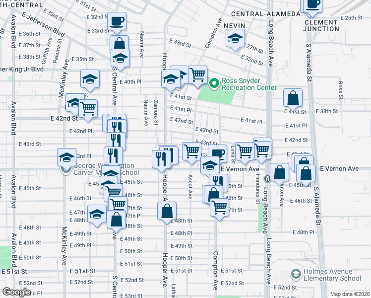 map of restaurants, bars, coffee shops, grocery stores, and more near 1350 East 43rd Street in Los Angeles