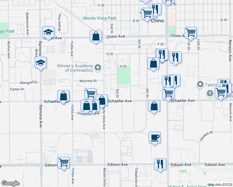 map of restaurants, bars, coffee shops, grocery stores, and more near 13650 3rd Street in Chino